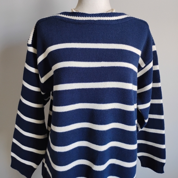 Liz Claiborne Sweaters - Liz Claiborne Cotton Boat Neck Breton Stripe Oversized Sweater Navy Blue Sz Med